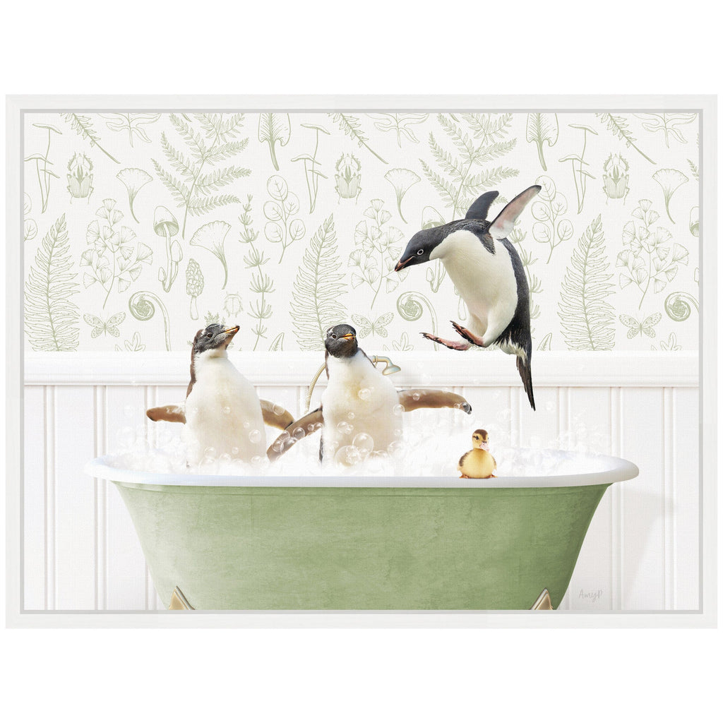Sylvie Penguins in Fern Bath Framed Canvas by Amy Peterson