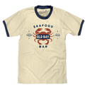Old Bay Seafood Bar Lobster Logo Ringer T-Shirt - Beige and Navy