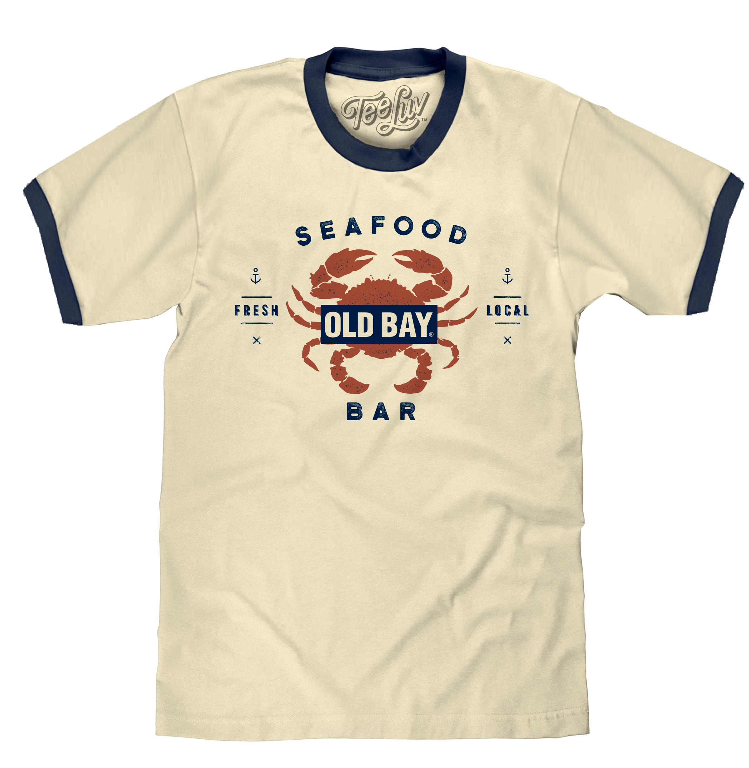 Old Bay Seafood Bar Lobster Logo Ringer T-Shirt - Beige and Navy
