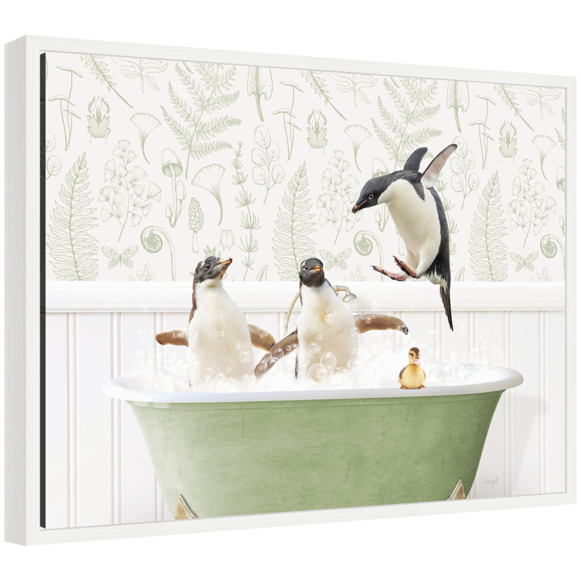 Sylvie Penguins in Fern Bath Framed Canvas by Amy Peterson