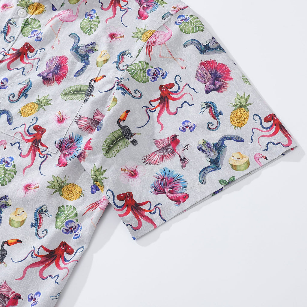 Men's Hawaiian Shirt Tropical Symphony Print Cotton Button-down Short Sleeve Aloha Shirt By Amy