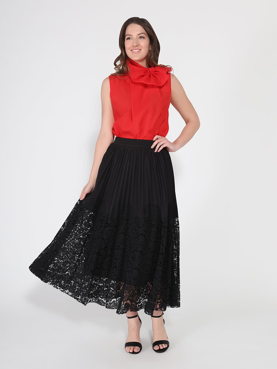 Gracia Fashion Women's A-line pleated detail bottom lace skirt